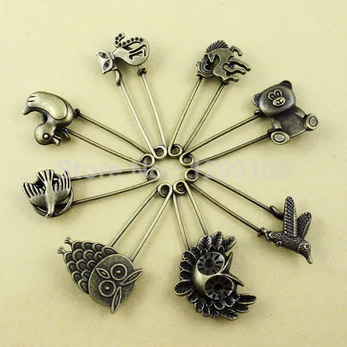 8pcs/lot Alloy Antique Brass Vintage Animal Brooch Safety Pins For Garment Accessories Scarf Clip pins Approx:53-60mm (K01936)