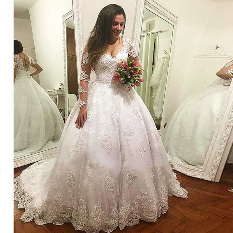 

Elegant Plus Size Wedding Dresses 2021 Vestidos De Novia V Neck Long Sleeves Formal Bridal Gowns Custom Made Dress