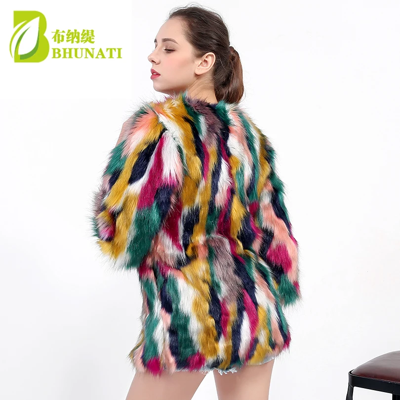 Winter Faux Fur Coat Female Colorful Elegant Faux Fur Jacket Fashion Long Sleeve Crew Neck Casual Faux Fur Jackets For Women