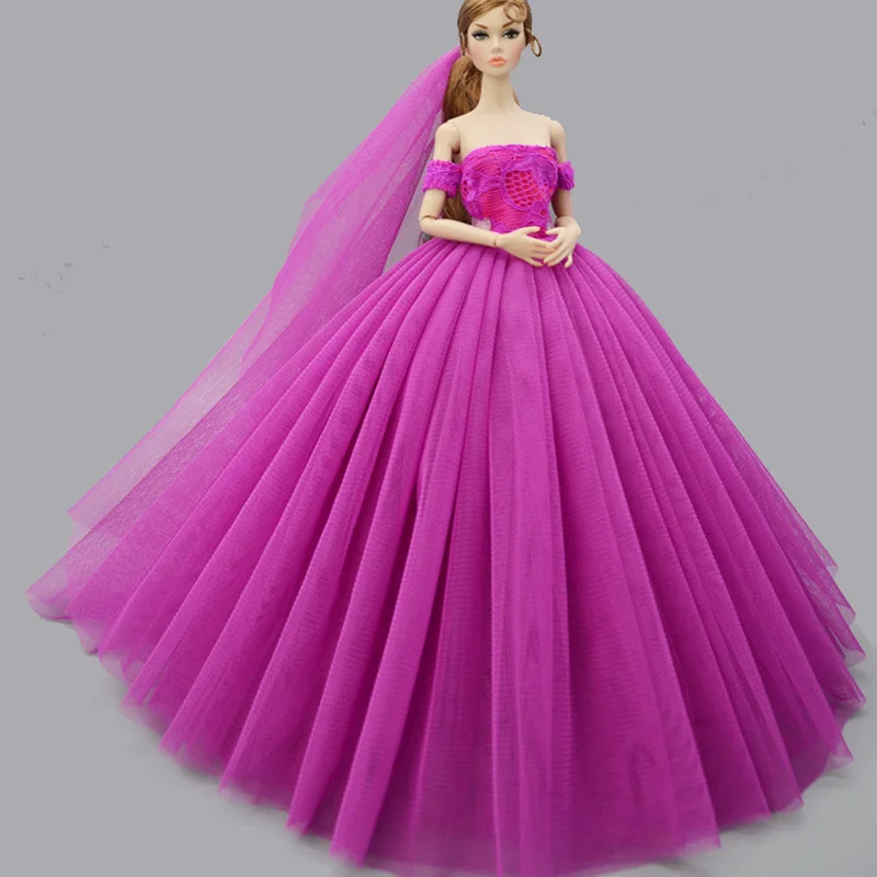 Purple Fashion Doll Clothes for Barbie Doll Dress Princess Evening Dresses Party Gown Outfits With Veil 1/6 Doll Accessories