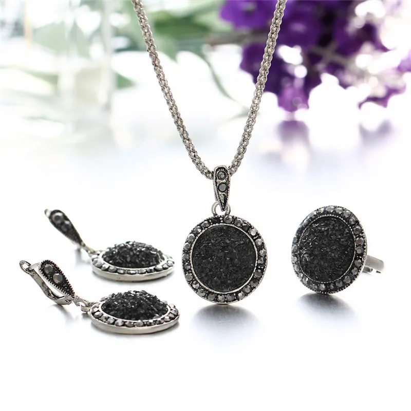 Vintage Wedding Jewelry Sets Black Stone Resin Necklace Set Ring Earrings For Women Fashion Crystal Jewellery Bridal Gift