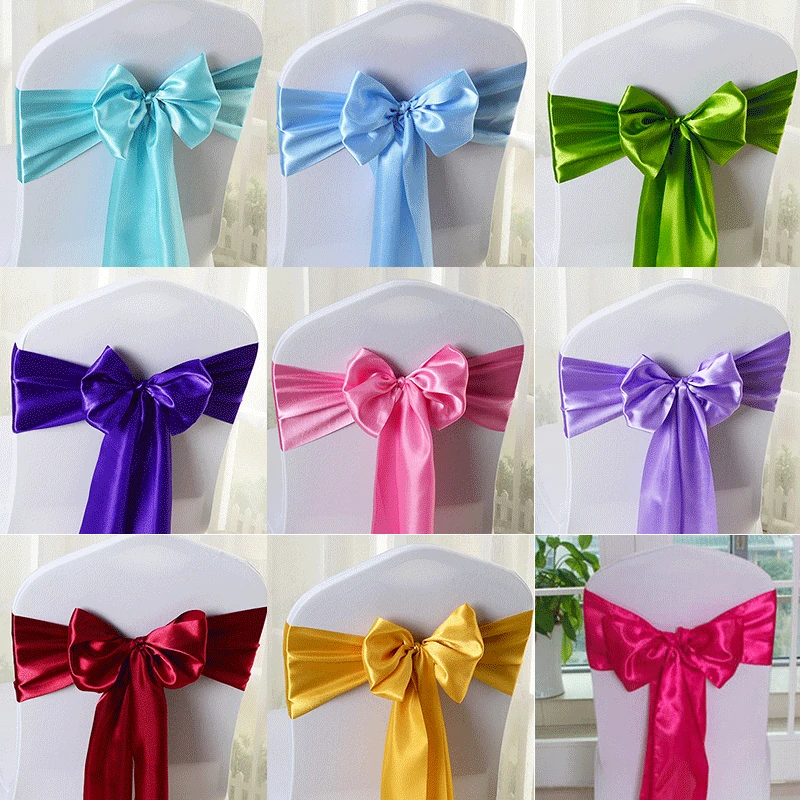 Satin Silk Cloth Chair Seat Back Cover Ribbon Bow Sashes Bands for Wedding Decoration Party Banquet Chair DIY 270cm Multicolor