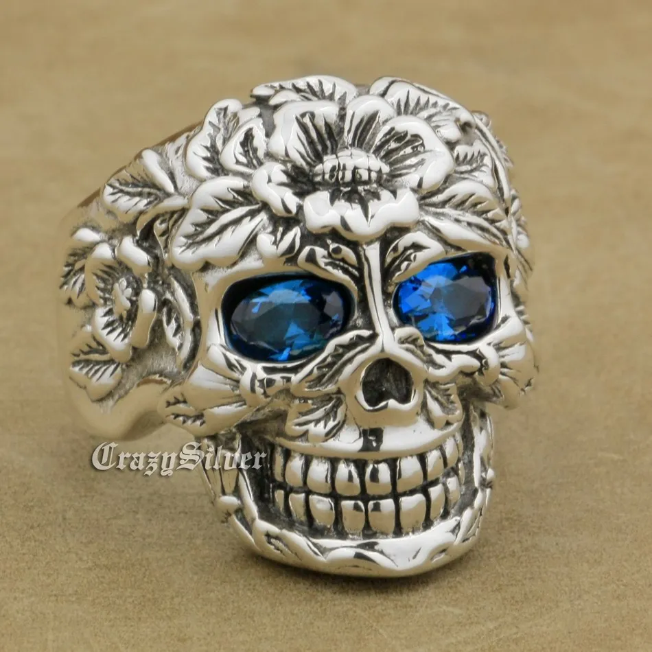 

925 Sterling Silver Flower Skull CZ Eyes Mens Biker Rocker Punk Ring 9WX05 US Size 7~15