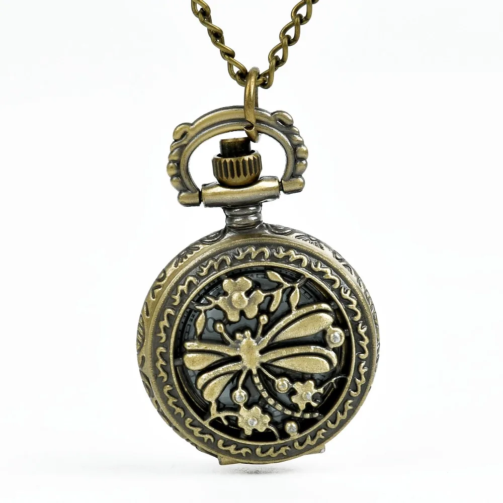 Fashion Leisure Style Hollow Dragonfly  Vintage Flower Quartz Pocket Watch Skeleton With Long Chain