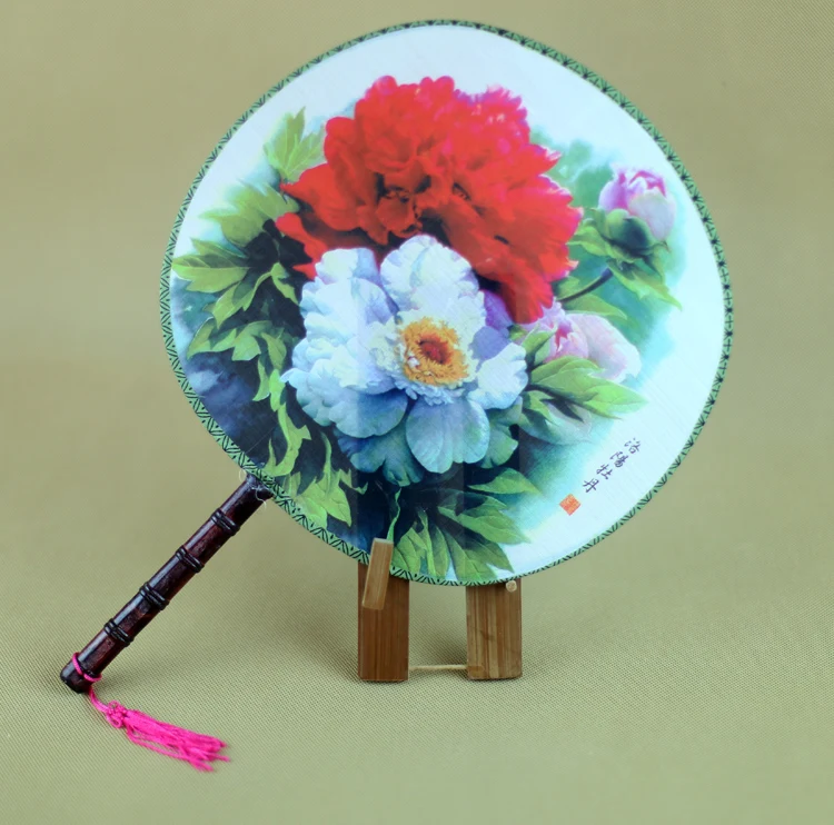 10pcs Large Peony Flower Round Chinese Silk Dancing Fans Handle 3d Print Ladies Show Costume Decorative Accessories