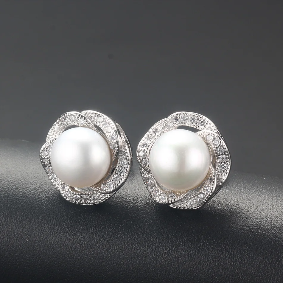 topAAAA High Luster 100% Natural Freshwater Pearl Stud Earrings For Women Fashion 925 Sterling Silver Flower Jewelry wowen gift