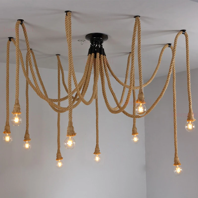 

Vintage Hemp Rope Chandelier Antique Classic Adjustable DIY Spider Lamp Light Ceiling Retro Edison Bulb Pedant Lamp for home