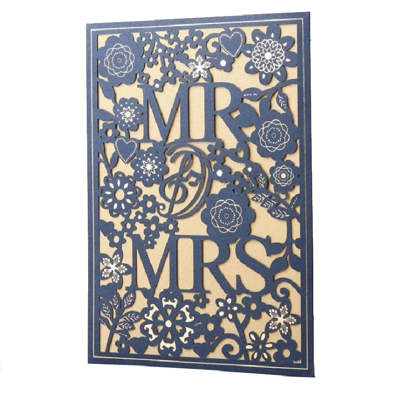50 pces mr & mrs cartões de convite de casamento azul direito corte a laser laço oco convida convites de casamento & cartão de noivado