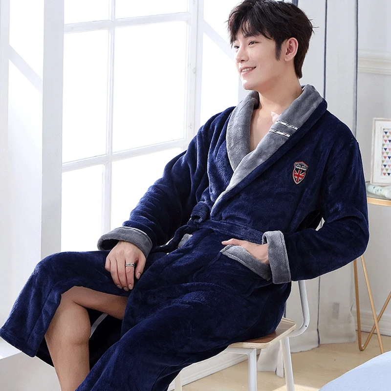 Nam Kimono Áo Choàng Tắm Mùa Thu Đông Nỉ Dài Áo Dây Dày Ấm Đồ Ngủ Plus Kích Thước 3XL Váy Ngủ Nam Rời Nhà