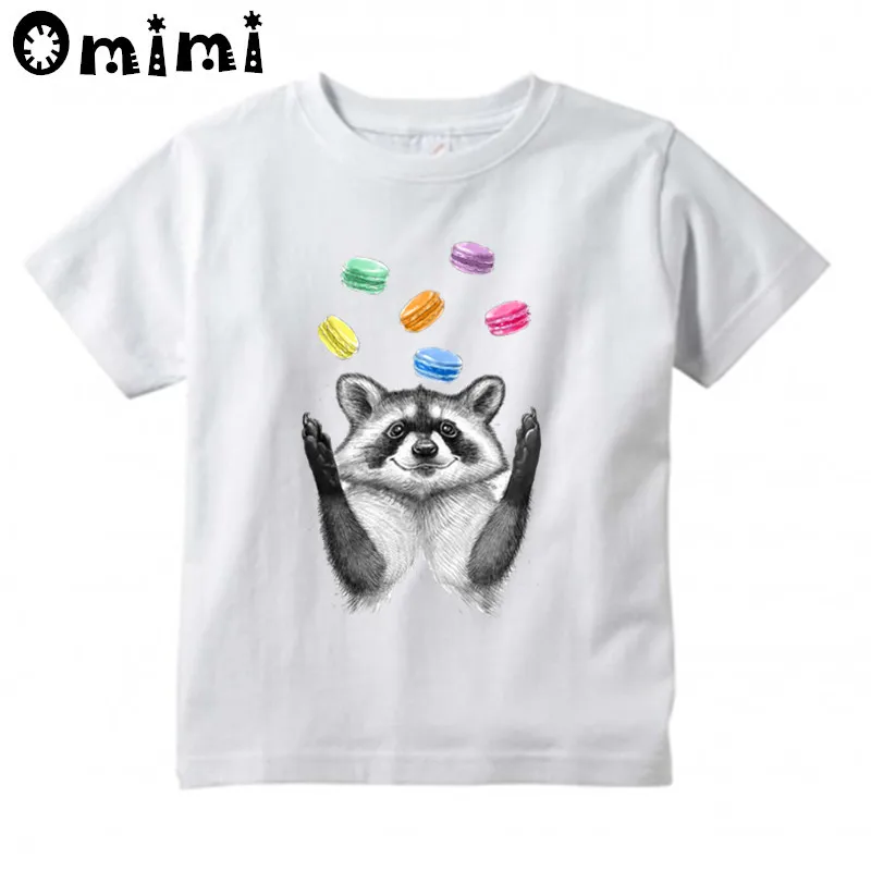 

Summer Autumn Raccoon And Macarons Design Kids T Shirt Boys/Girls Great Casual Short Sleeve Tops Children's Funny T-Shirt