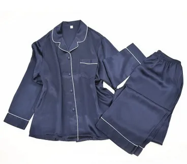 

New silk pajamas, women's long sleeve trousers, 100% mulberry silk shirts, lapel, dark blue silk, home wear 5