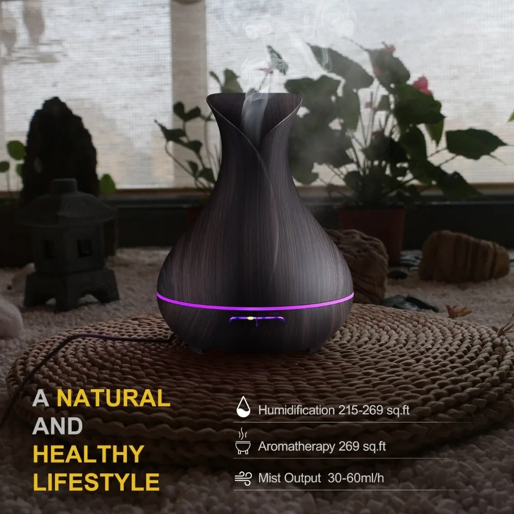 Electric Aroma Diffuser Ultrasonic Humidifier Vase Style 14W 500ML Wood Grain Cool-Mist Aromatherapy Lamp Essential Oil Diffuser