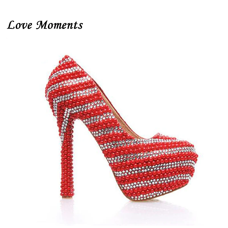 

Love Moments Fashion Red Pearl Bride wedding shoes Women's Pumps High heel platform shoes Genuine Leather Dress party shoes