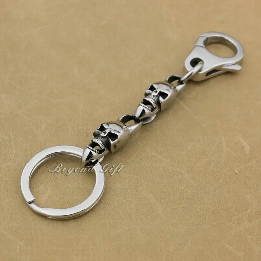 LINSION 316L Stainless Steel Mens Skulls KeyRing Biker Keychain 5T006KC Punk Jewelry