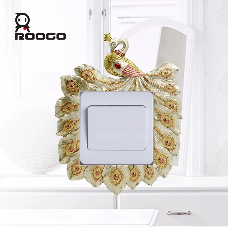 Roogo 3D Home Decoration Switch Stickers Peacock Feather Royal Noble For Living Room Wall Decorative Gold Sticker Decor