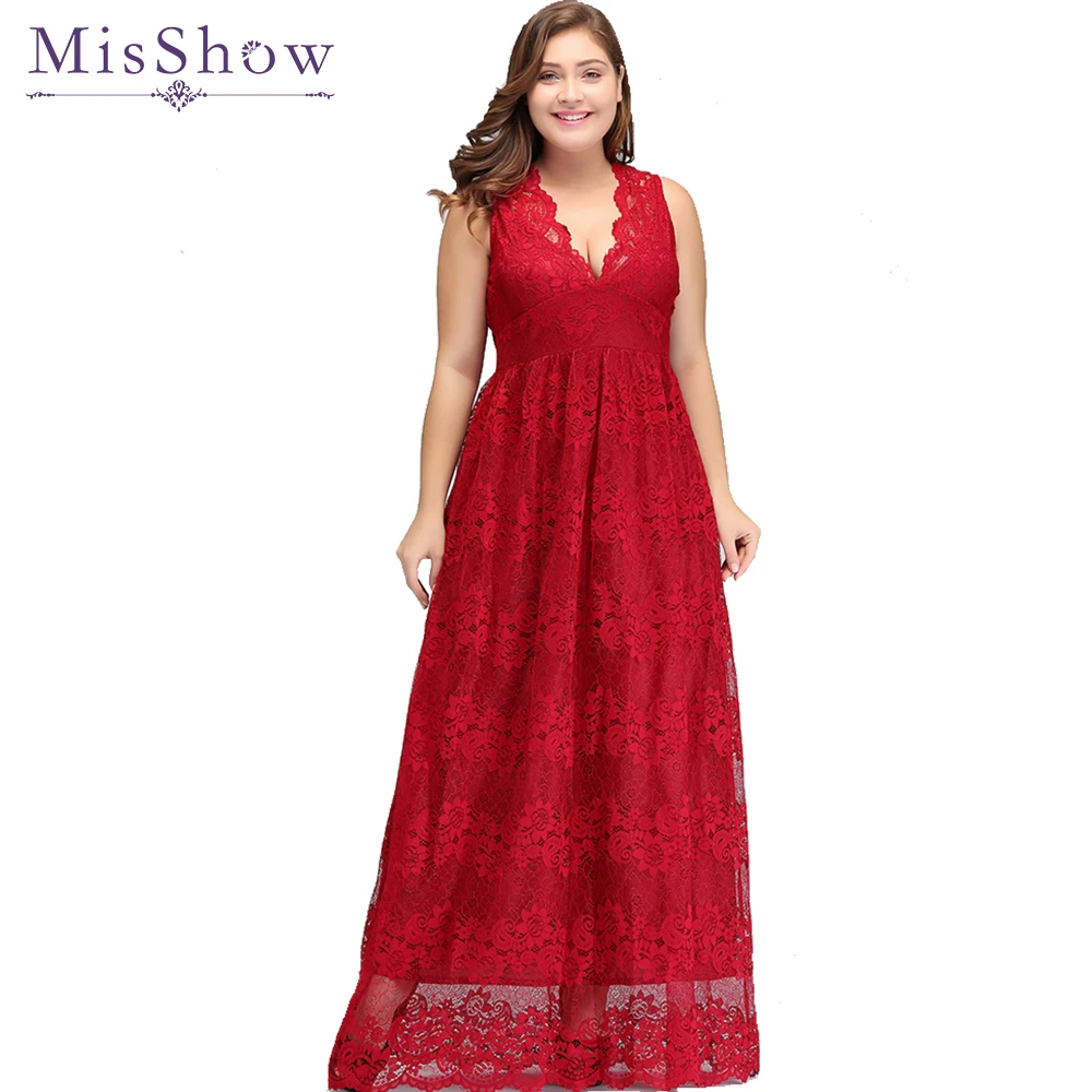 Red Lace plus size evening dresses Deep V Neck Long Prom Evening Party Dress Elegant vestidos de noche largo Formal Gown