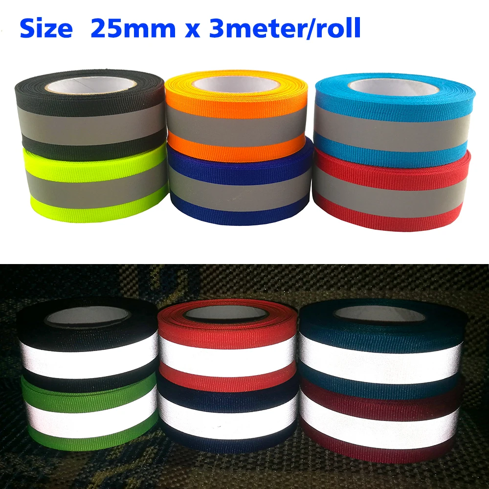 (3 meters/lot) Reflective Fabric Tape Highlight Reflective Webbing Ribbon 25mm*12mm(W) Sew On