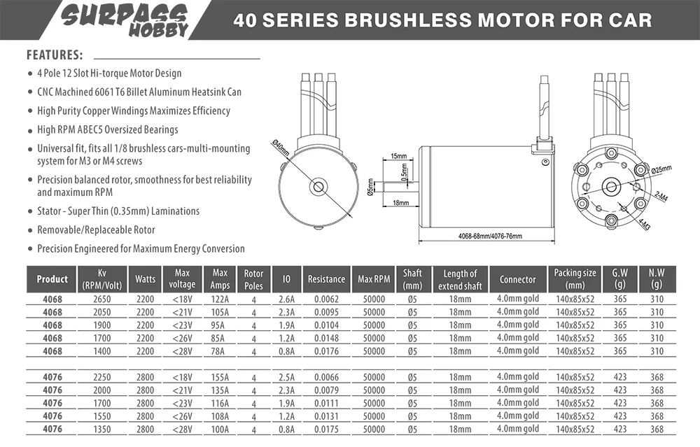 Surpass – moteur sans balais étanche KK 4068, 5.0mm, pour voiture d'escalade tout-terrain RC 1/8, traxxas trx4