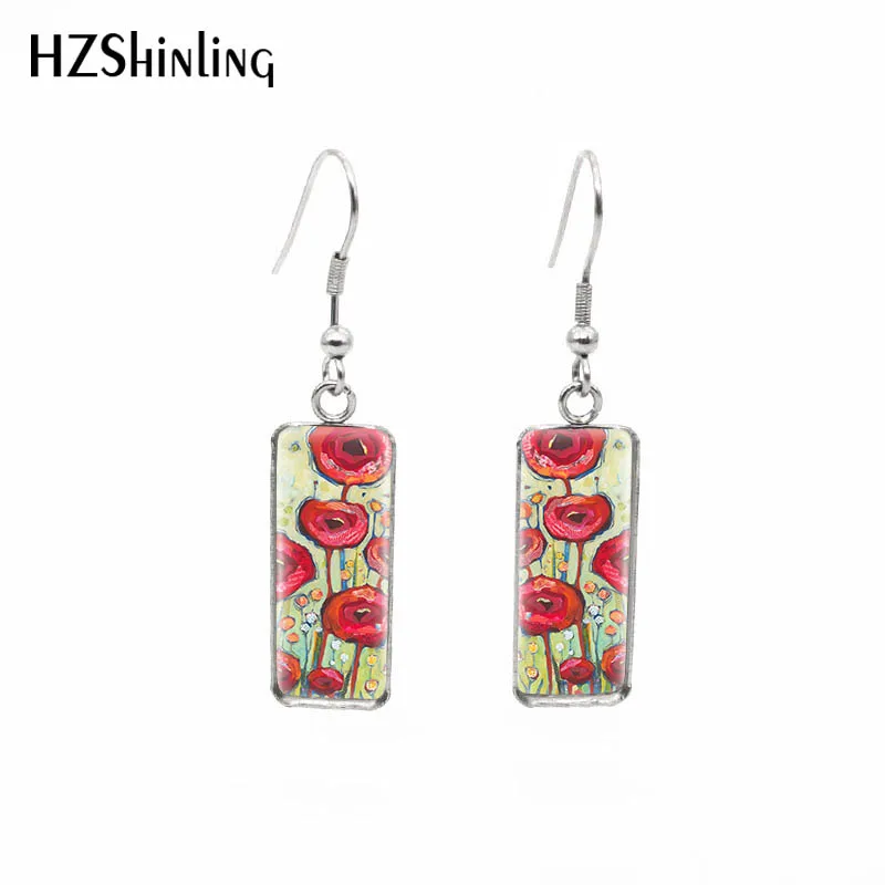 2019 New Red Blue Flowers Rectangular Earring Poppies Art Fish Hook Earring Glass Handmade Jewelry