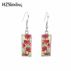 2019 New Red Blue Flowers Rectangular Earring Poppies Art Fish Hook Earring Glass Handmade Jewelry