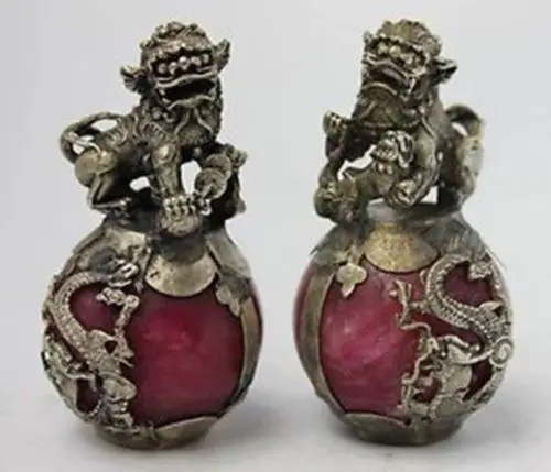 

A Pair of Elaborate Vintage Chinese Handmade Copper Dragon Kirin Inlaid with Artificial Old Jade Statues