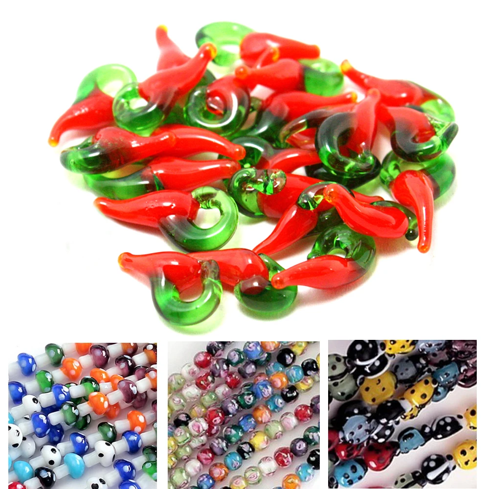 Beautiful Kids Jewelry Making DIY Beads Strand Millefiori Flower/Eye/Ladybrid/Mushroom/Chili Shape Lampwork Glass Spacer Beads