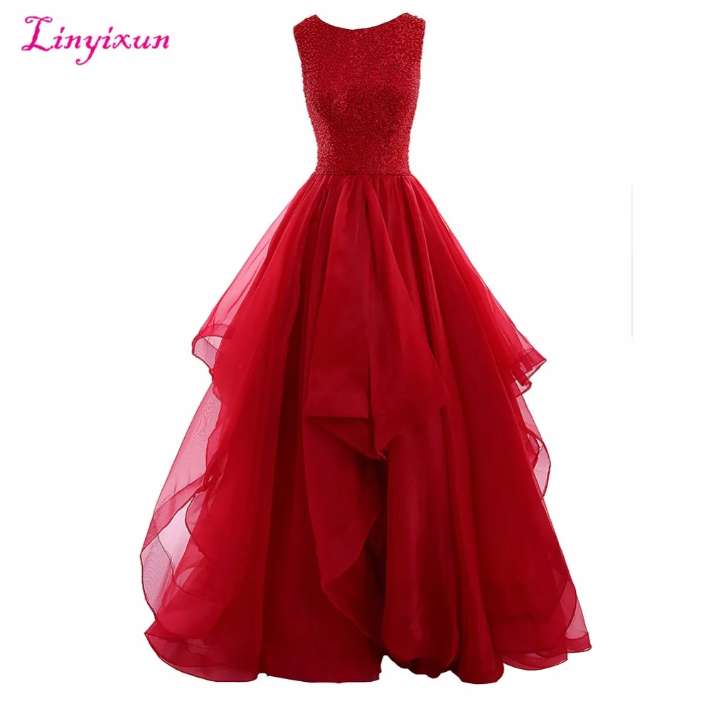 Linyixun Real Photo Scoop Ball Gown Prom Dresses 2020 Beaded Organza Sleeveless Backless Evening Gown Court Train Robe de festa