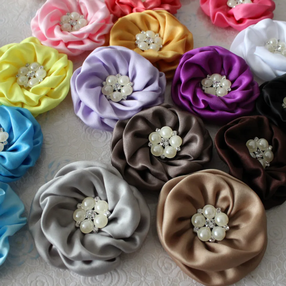 girl hair flowers Matte Satin Rolled Flower pearl rhinestone center Rose Flower for headband 7-7.5cm 100pcs kids flower