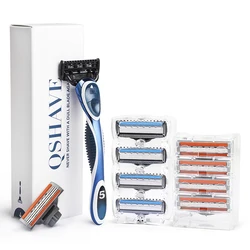 QShave Blue Men Shave Razor, 10 Cartridges & 1 Handle (5pcs X3 Blade, 5pcs X5 Blade, 1pc Handle)