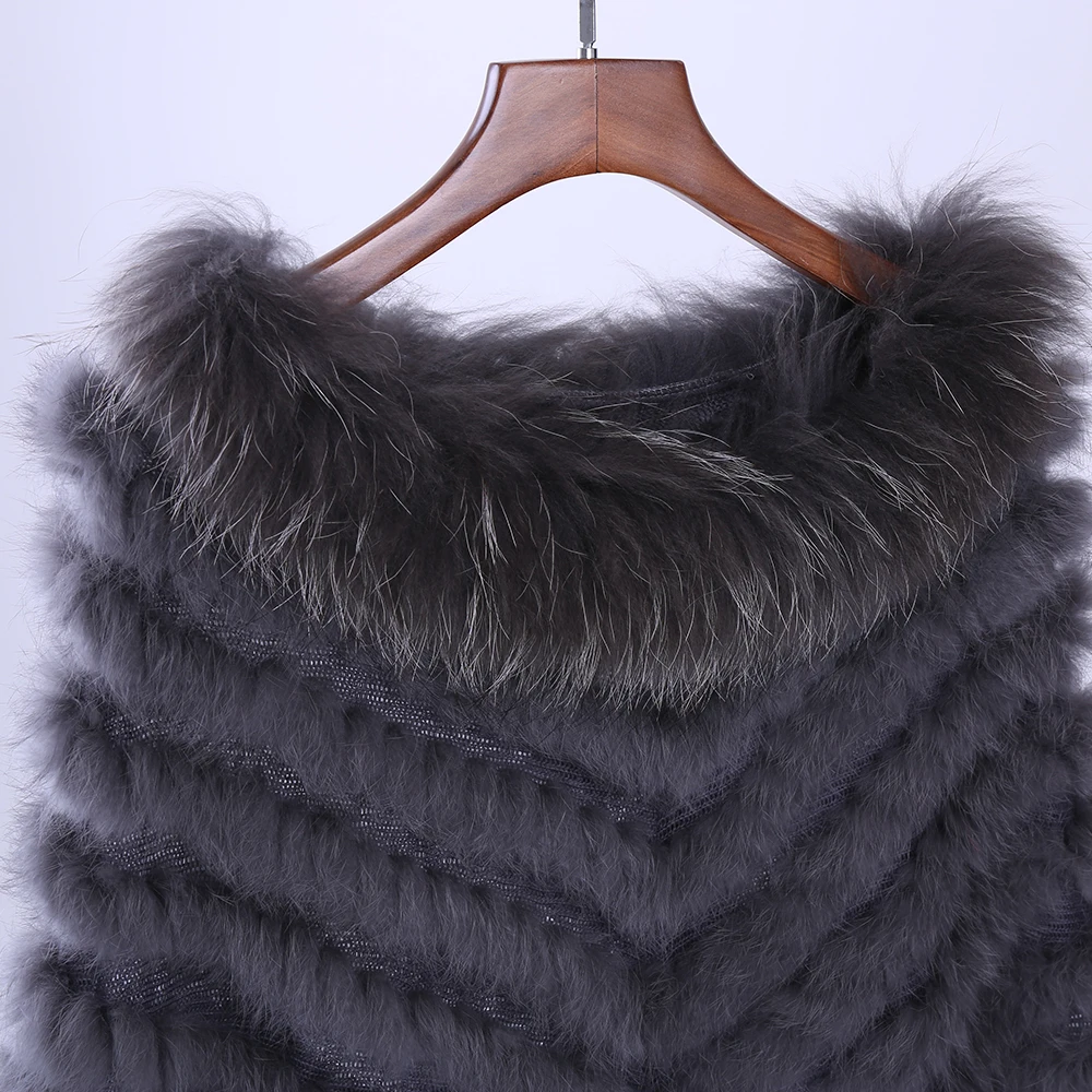 New Women\'s Luxury Pullover Knitted Genuine Rabbit Fur Raccoon Fur Poncho Cape Real Fur Knitting Wraps Shawl Triangle Coat