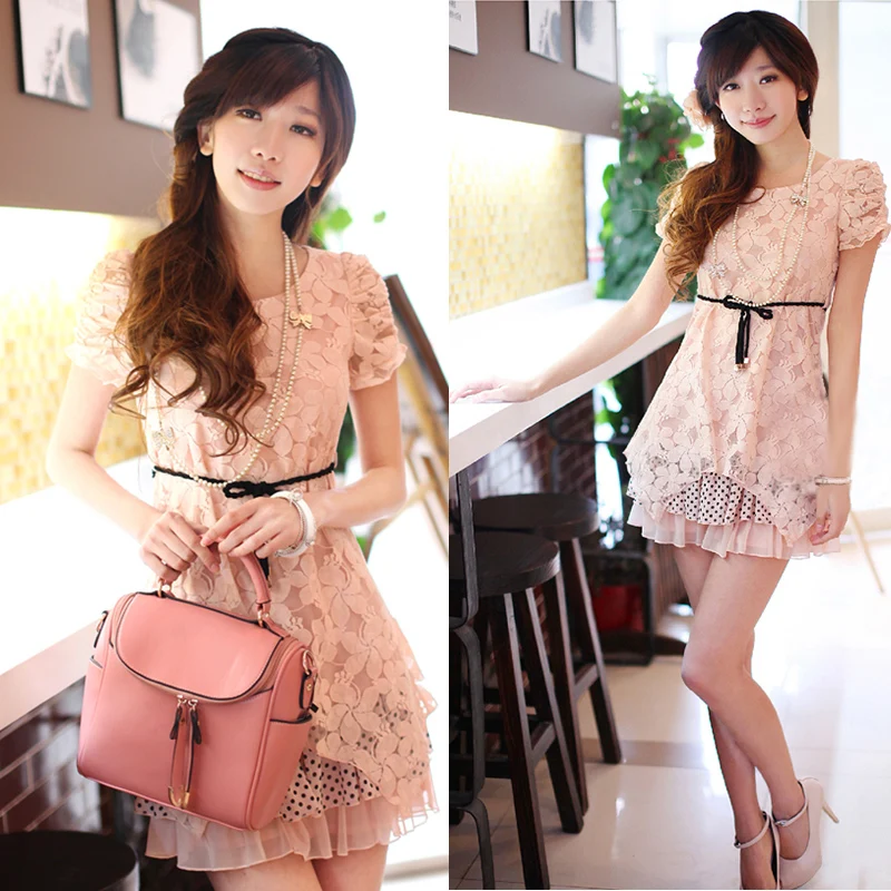 

50% OFF 2013 Newest female lace dress women chiffion Lace floral dresses with belt Summer Short sleeve M,L,XL Free shipping