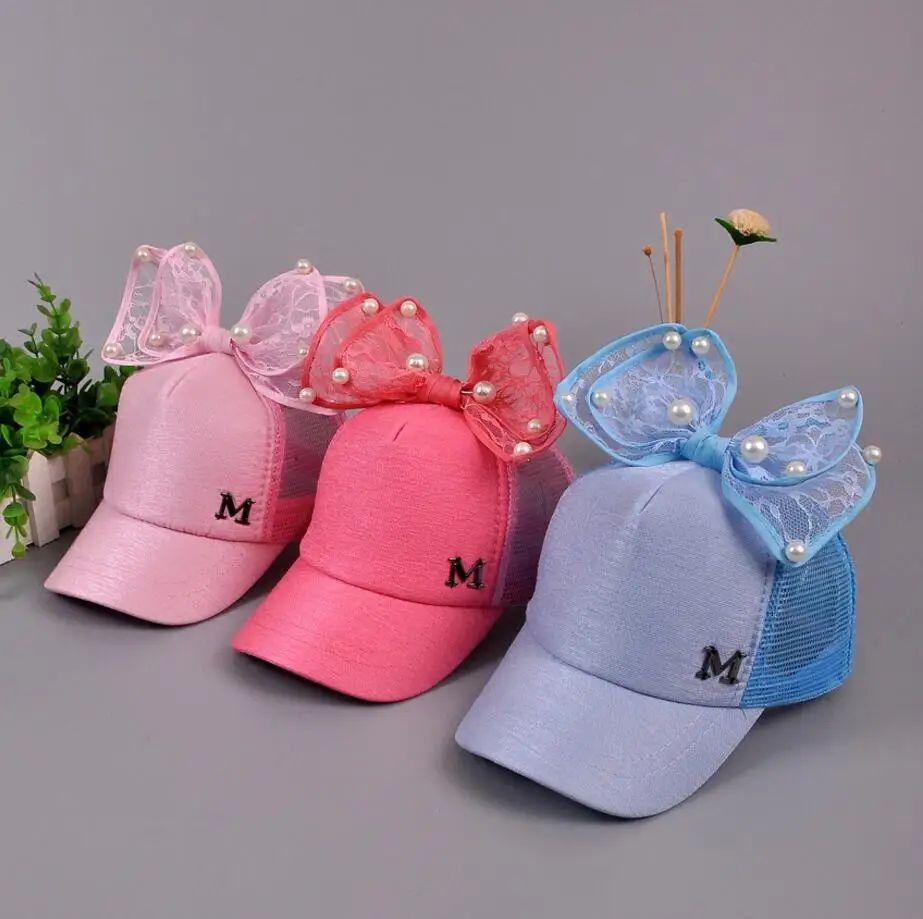 Luxury Big Bow Fashion Summer Kids Black White Pink Lace Floral ear Baseball Caps With Pearl Children Sun Hats Princess Mesh cap