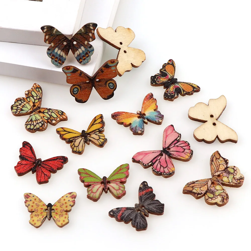 50Pcs/set Colorful Butterfly Wooden Buttons Fit Sewing And Scrapbook Sewing 2 Holes Buttons For Craft DIY Mixed Accessories