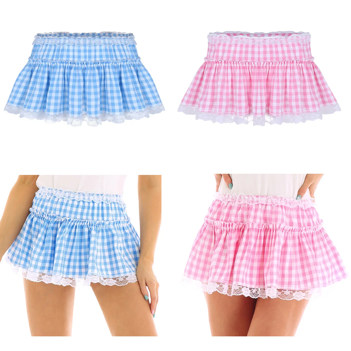 Female Women Skirt Unisex Men Women Elastic Waistband Short Skirt with Lace Hem Pleated Gingham A-line Mini Skirt for Daily Wear