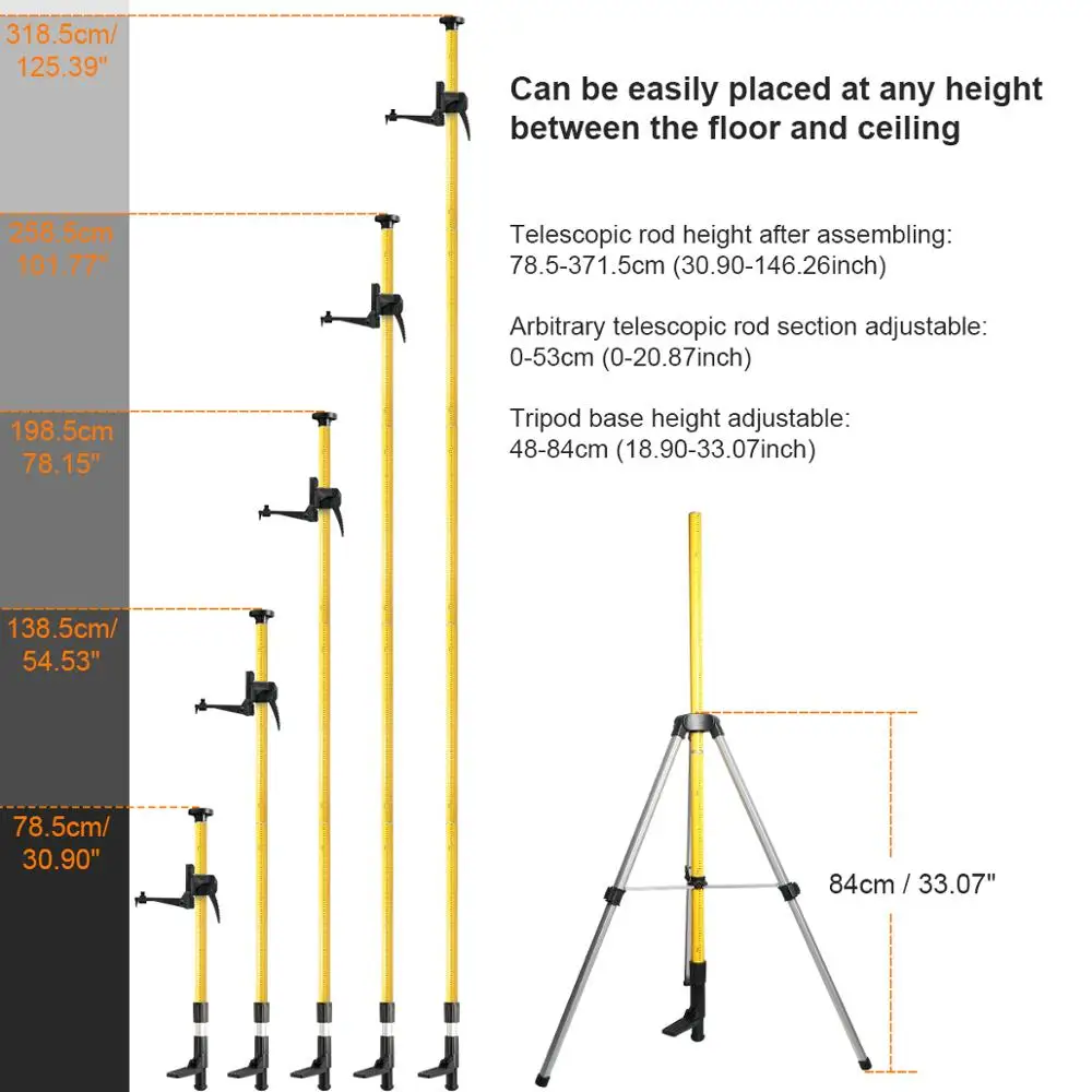 Huepar 12 Ft./3.7m Adjustable Telescoping Pole with 1/4-20 Laser Mount for Rotary and Line Lasers with Tripod 5/8 Adapter