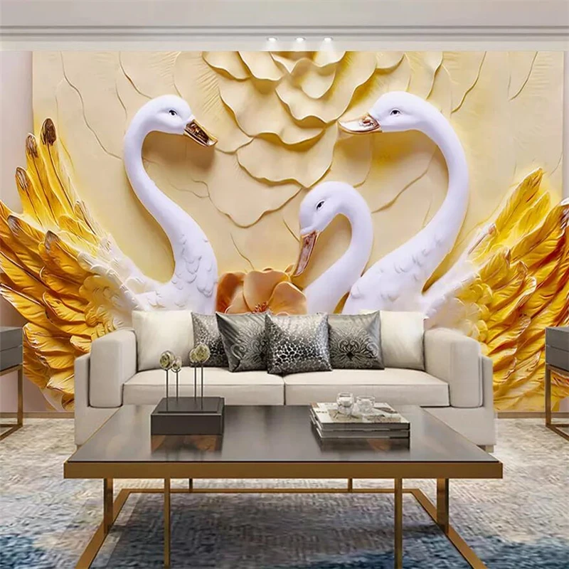 

wellyu Large beautiful decorative painting living room wall swan embossed background wall custom large mural green wallpaper