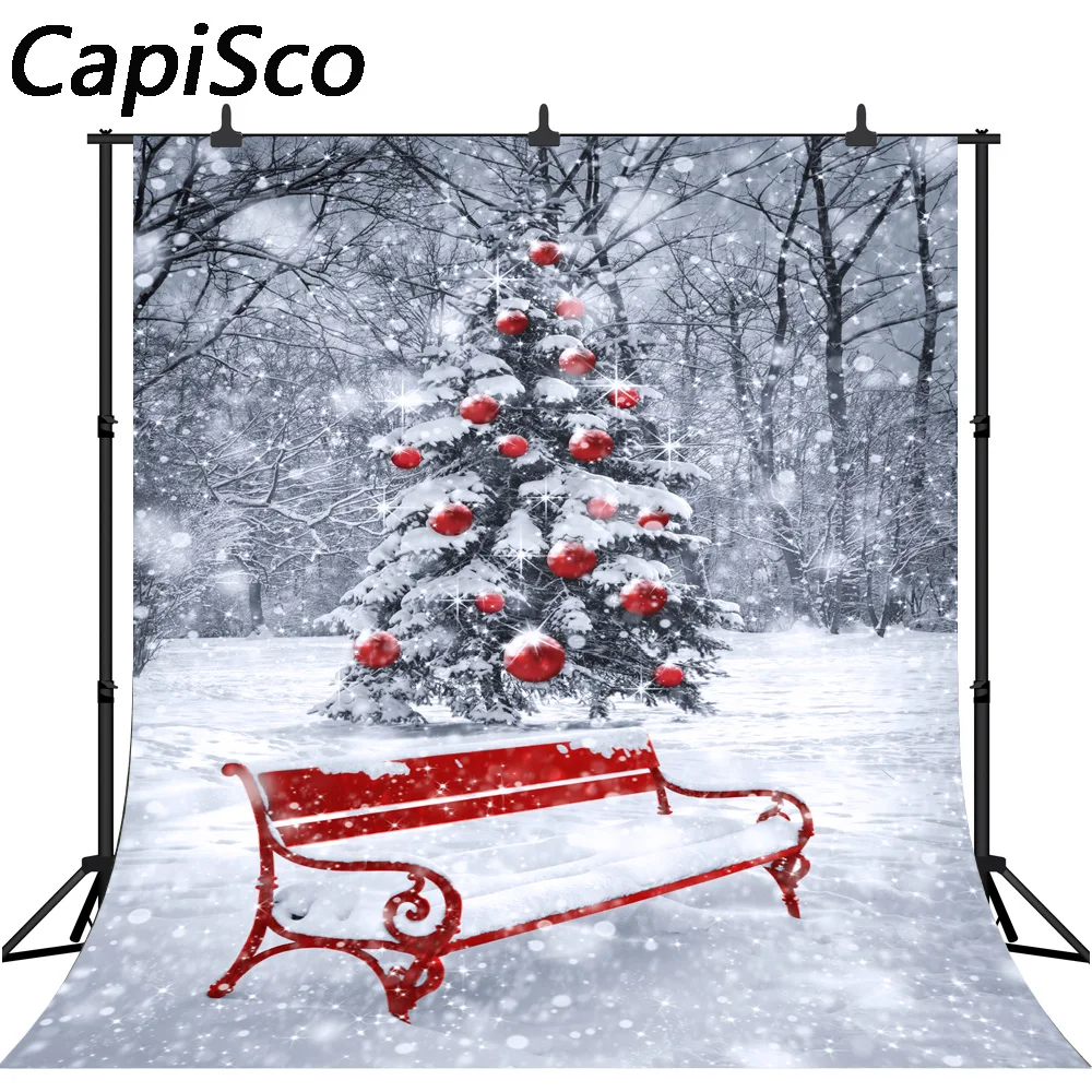 

Capisco backdrop for photographic studio cartoon winter park red bench snow Christmas forest background photocall photobooth