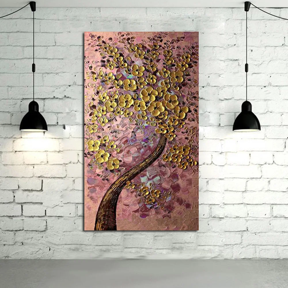 Handpainted Abstract Money Tree Oil Paintings On Canvas Golden Tree Pink Background Wall Picture Modern Decor Free Shipping Art