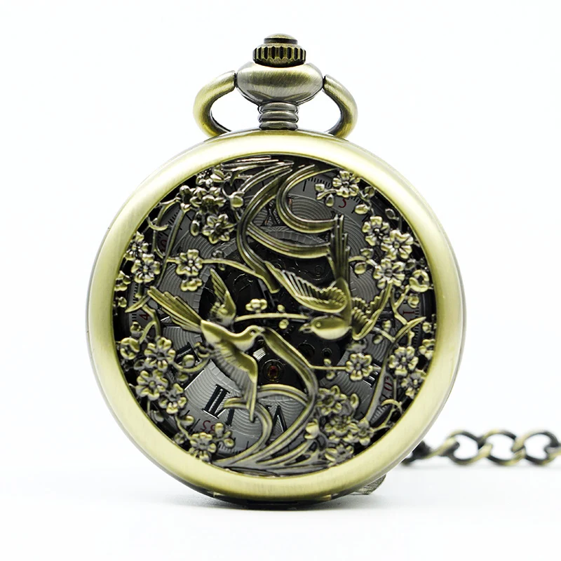 

5pc/lot Hot New Steampunk Retro Bronze Hollow Birds Romen Number Mechanical Pocket Watch Men Women Watch PJX1300