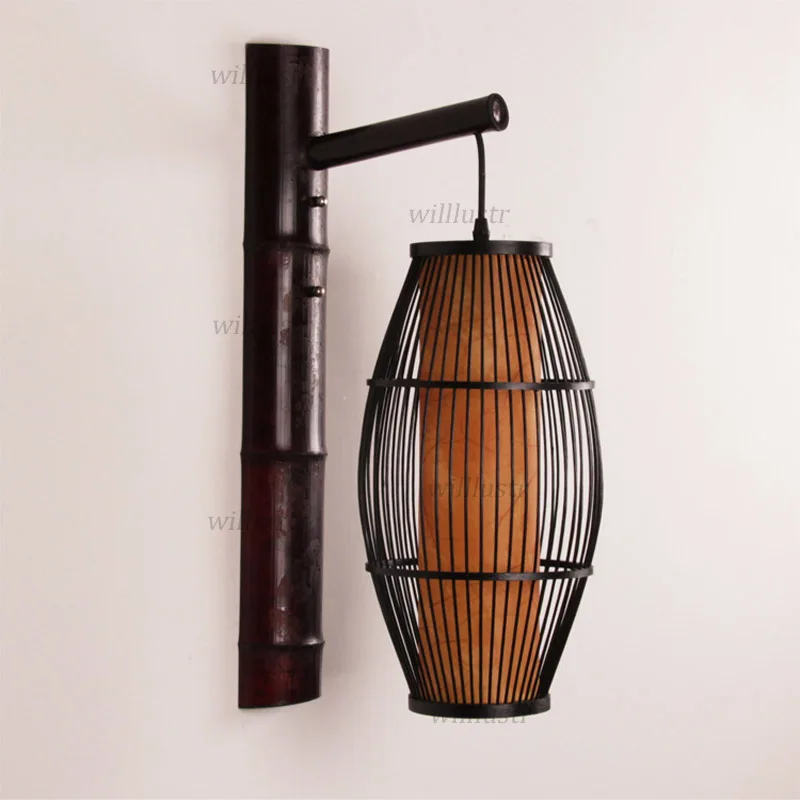 Retro Handmade Bamboo Wall Lamp Vintage Lantern Sconce Aisle Foyer Bistro Doorway Corridor Teahouse Bedside China Style Lighting