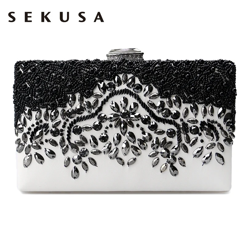 SEKUSA PU Fashion women diamonds luxurious evening bags clutch messenger shoulder chain handbags  purse beaded wedding bag