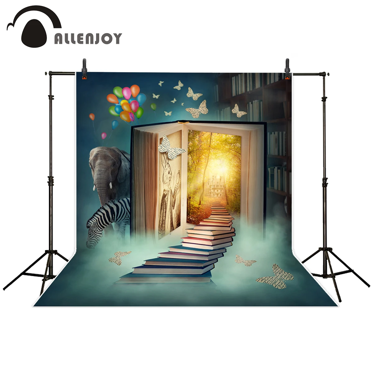 

Allenjoy photography backdrop Huge book ladder Bookshelf elephant zebra balloon butterfly background photo studio fotografica