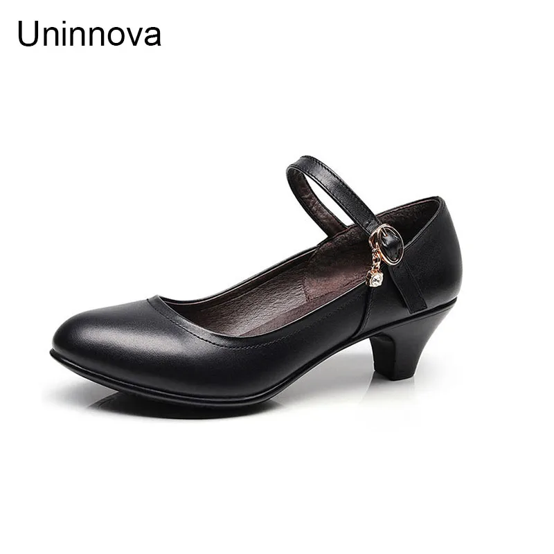 

Women's Genuine Leather Mary Janes Office Career Med High Heels Pumps Comfortable Casual/Working Court Shoes Uninnova WP128