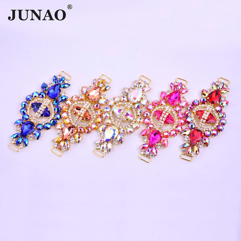 JUNAO 55x132mm 1pcs AB Glass Rhinestones Applique Flower Strass Chain Sew On Crystal Connector Stones Buckle Big Crystals