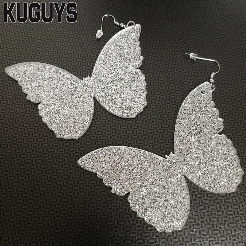 KUGUYS Gold Silver Color Shiny Butterfly Drop Earrings for Women Glitter Acrylic Large Fashion Jewelry Hyperbole Accessories