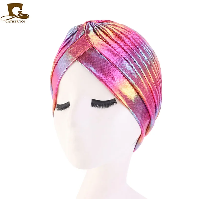 Colorful New Women Laser Silky Ruffle Metallic Turban Hair Cover Accessories Wave Caps Bonnet Salon Hat Turban Headwrap