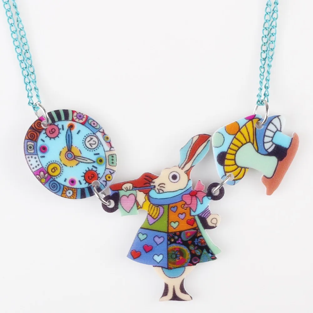 Bonsny King Mouse Rabbit Clock Necklace Acrylic Pendant News Accessories Choker Collar Animal Fashion Jewelry Girls Women Gifts