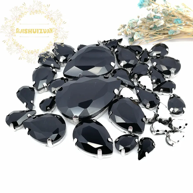 30Pcs7 Mixed Size Gray Water Drop Glass Crystal Seam Rhinestone With Silver Claw DIY Wedding Dress / Garment Accessories