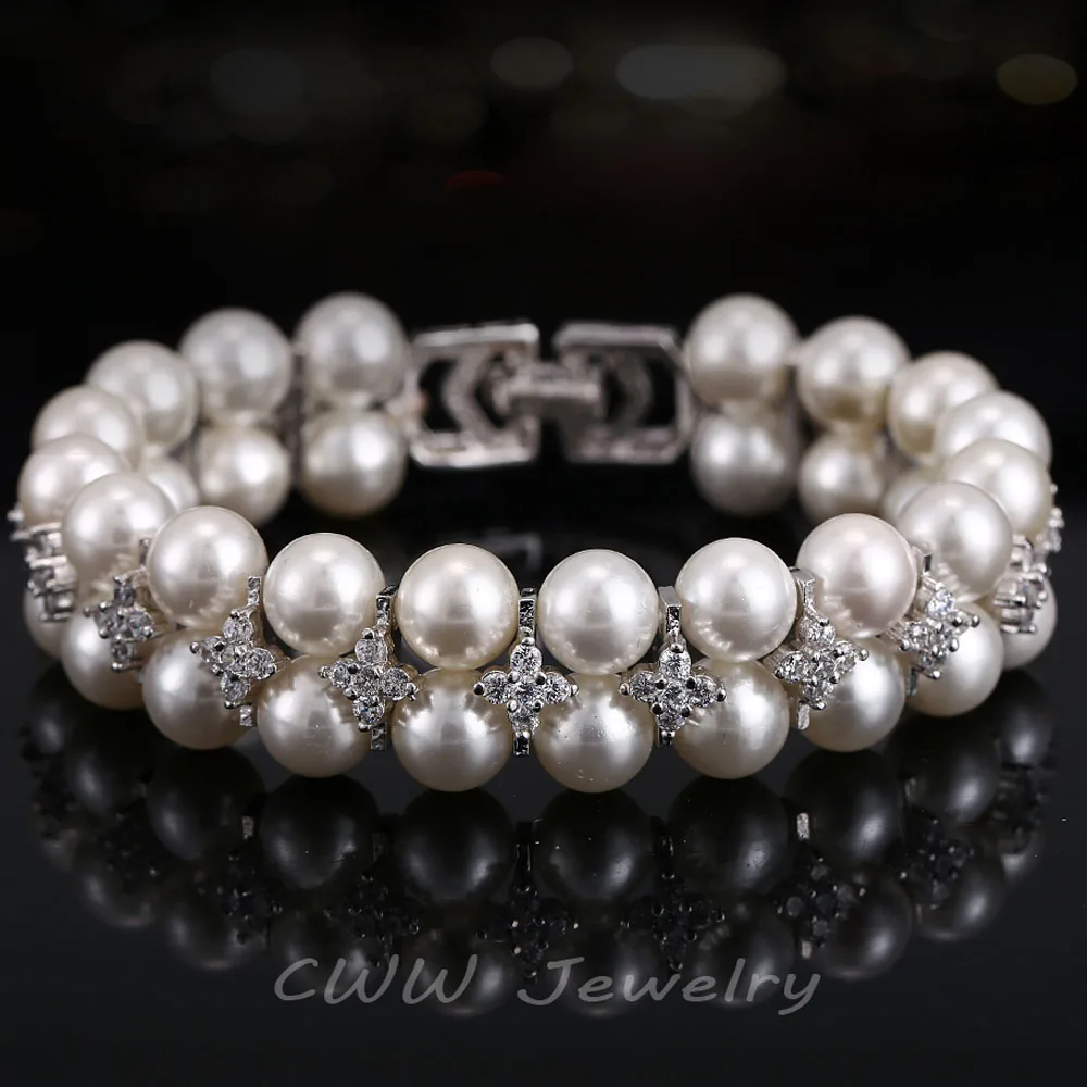 CWWZircons Handmade Wedding Pearl Jewelry Double Rows Cubic Zirconia Setting Big Bridal Bracelets Bangle for Women CB157