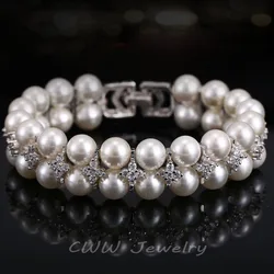 CWWZircons Handmade Wedding Pearl Jewelry Double Rows Cubic Zirconia Setting Big Bridal Bracelets Bangle for Women CB157